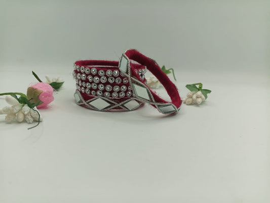 Maroon Velvet Bangles with Mirror & Diamond-Cut Stones – Set of 5