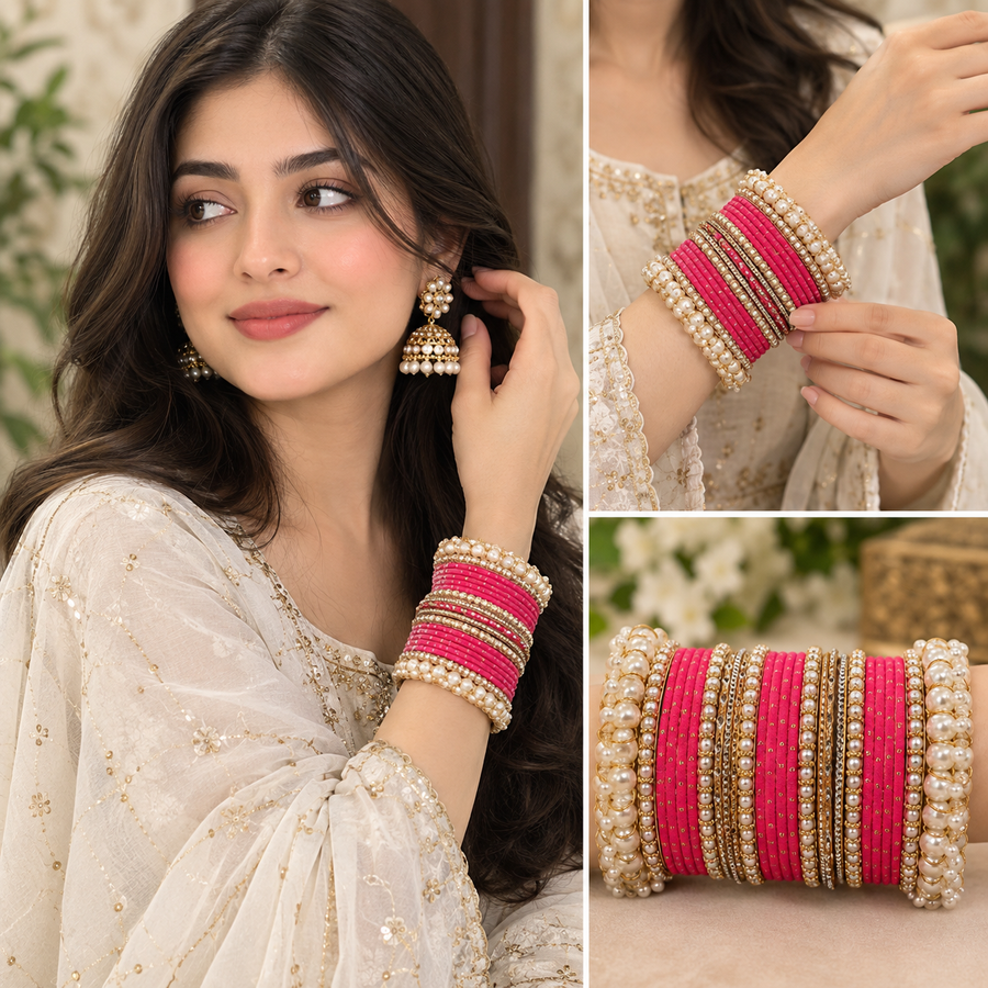 Handcrafted Pearl Gajra Karay Set with Metal Churian & Stone Separators