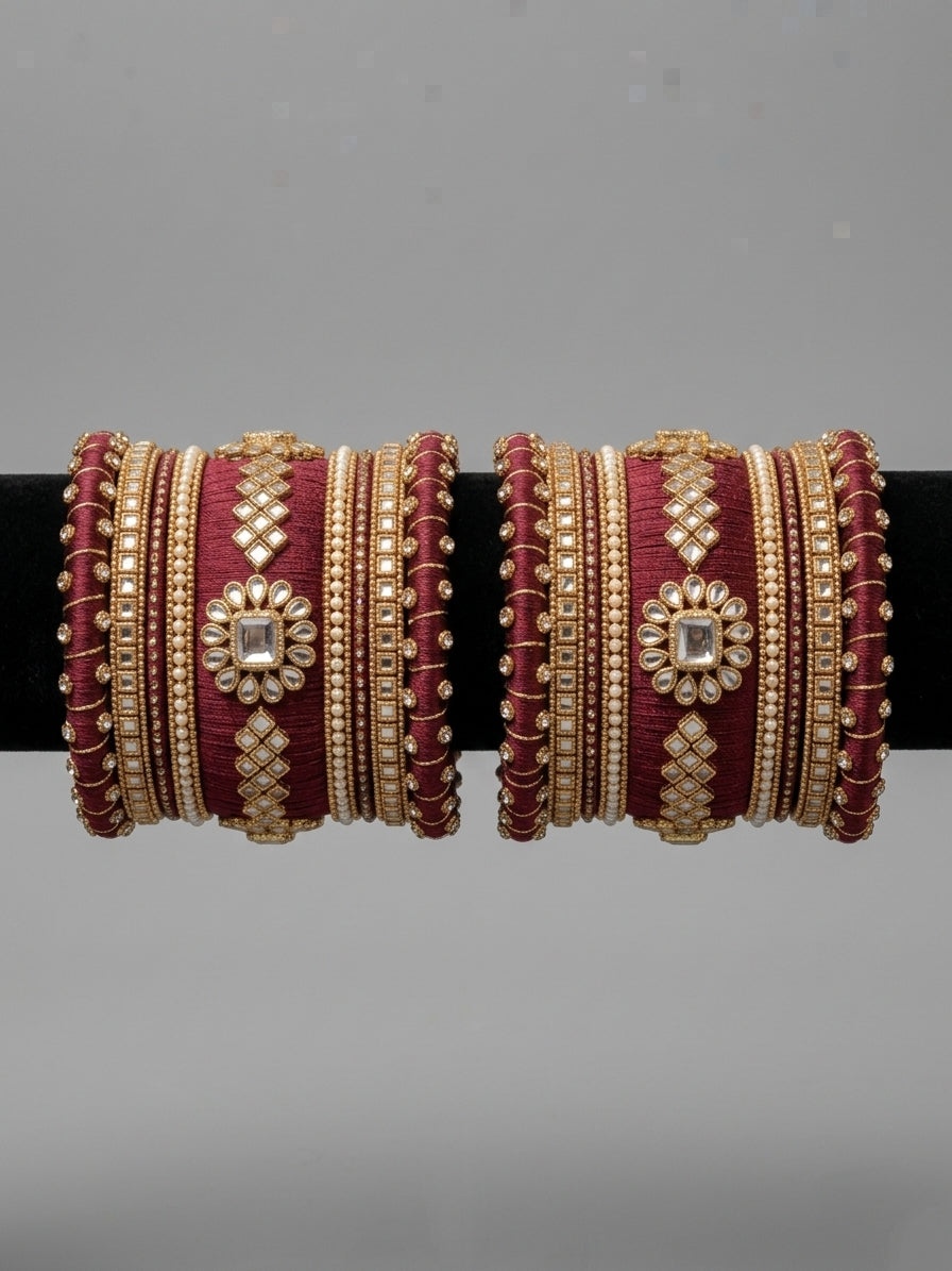 Handcrafted Silk Thread Bridal Kundan Kara & Bangle Set (7-Piece Set)