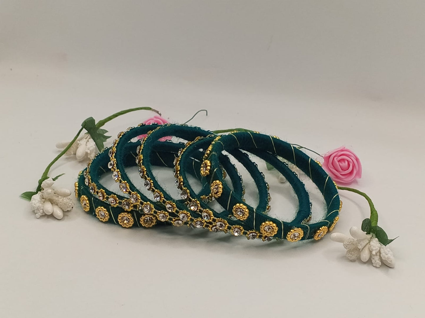 Emerald Crystal Chain Elegance Bangles – Set of 5