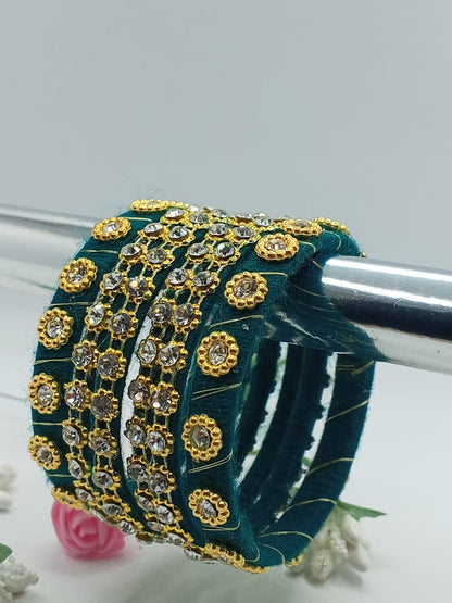 Emerald Crystal Chain Elegance Bangles – Set of 5