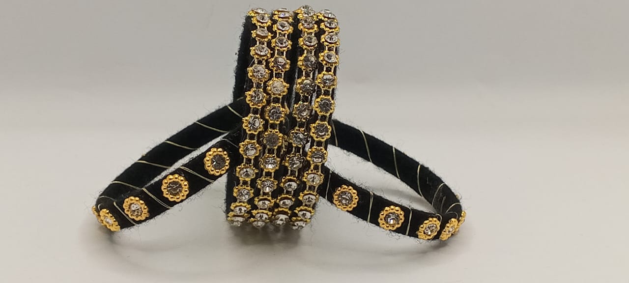 Black Velvet Bangles with Gold & Crystal Detailing – Set of 5