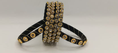 Black Velvet Bangles with Gold & Crystal Detailing – Set of 5