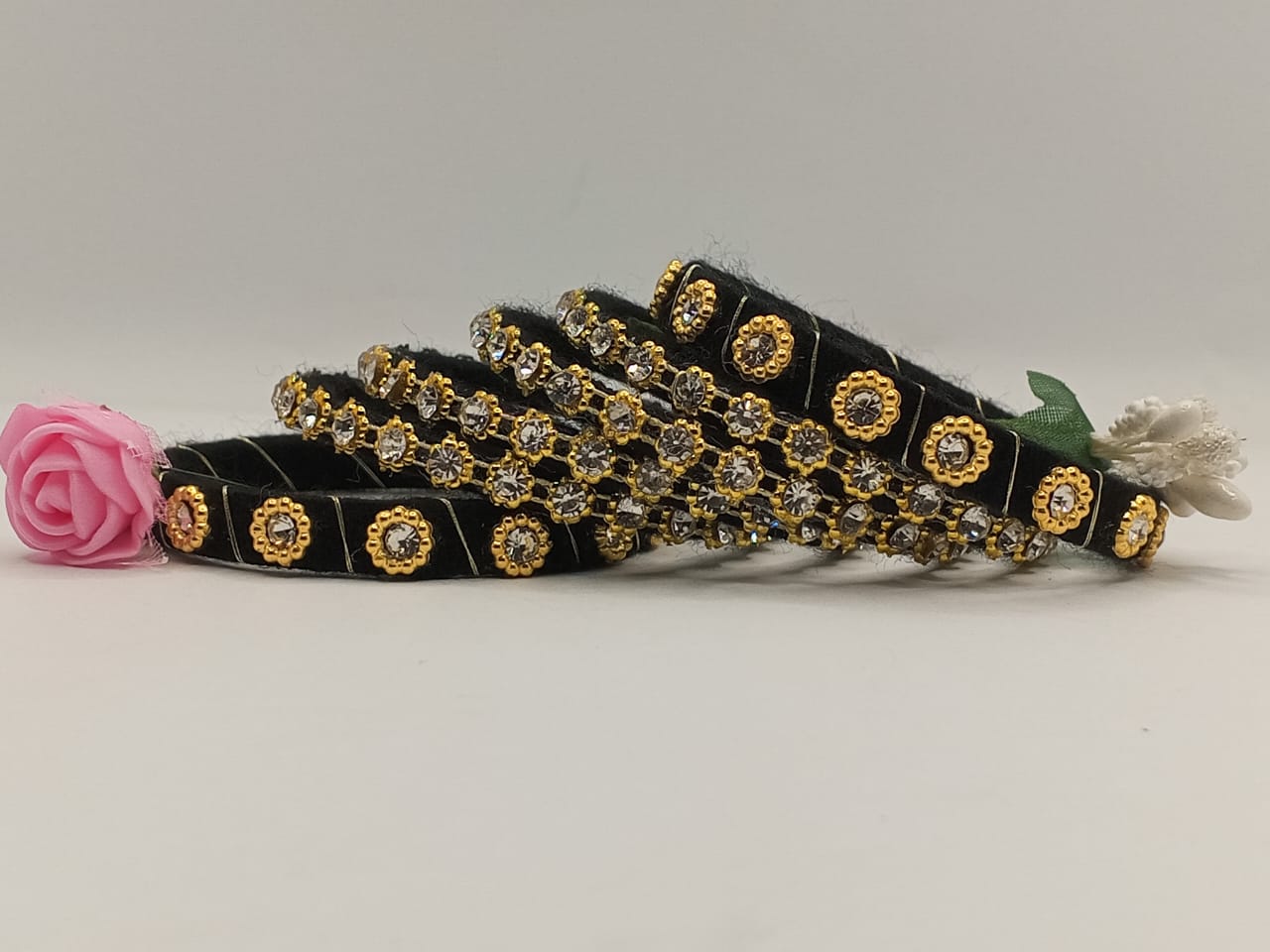 Black Velvet Bangles with Gold & Crystal Detailing – Set of 5