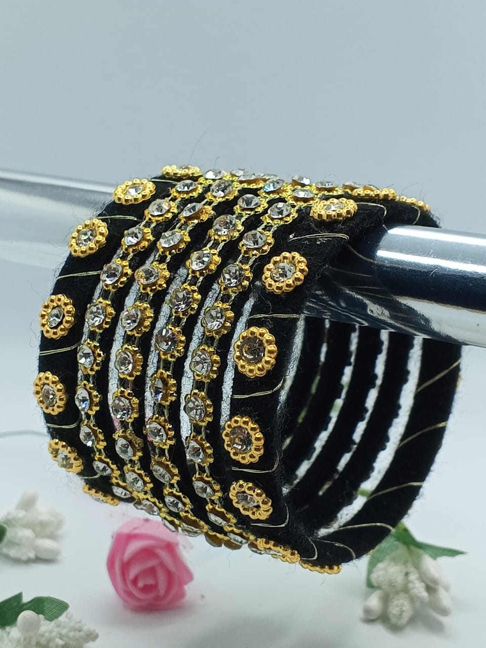 Black Velvet Bangles with Gold & Crystal Detailing – Set of 5