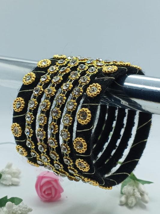 Black Velvet Bangles with Gold & Crystal Detailing – Set of 5