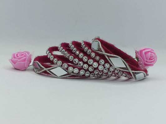 Maroon Velvet Bangles with Mirror & Diamond-Cut Stones – Set of 5