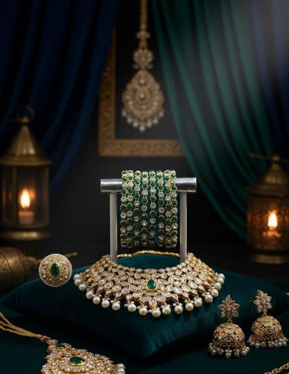 Emerald Enchantment Velvet Stone Bangles – Set of 8