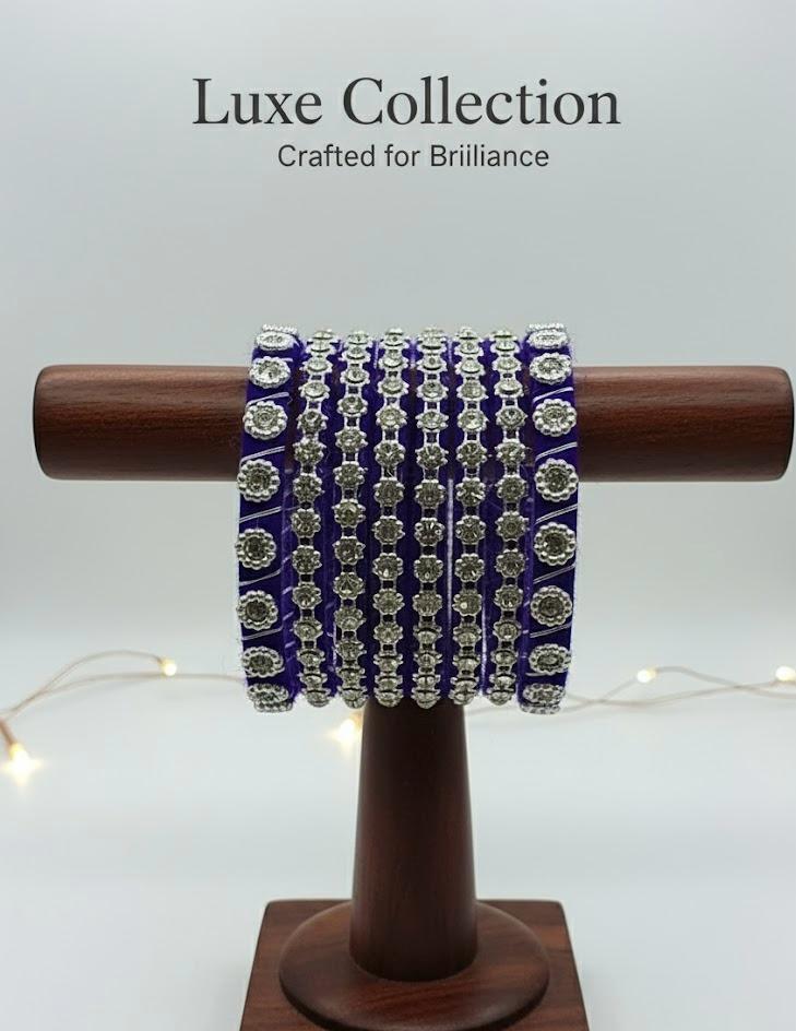 Navy Night Floral Silver Bangles – Set of 6