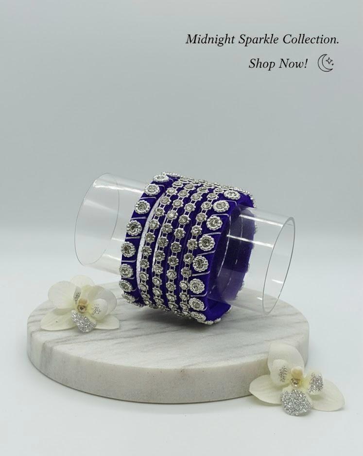 Navy Night Floral Silver Bangles – Set of 6