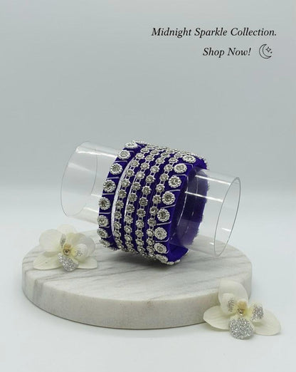 Navy Night Floral Silver Bangles – Set of 6