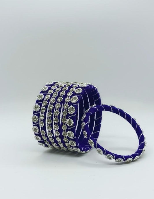 Navy Night Floral Silver Bangles – Set of 6