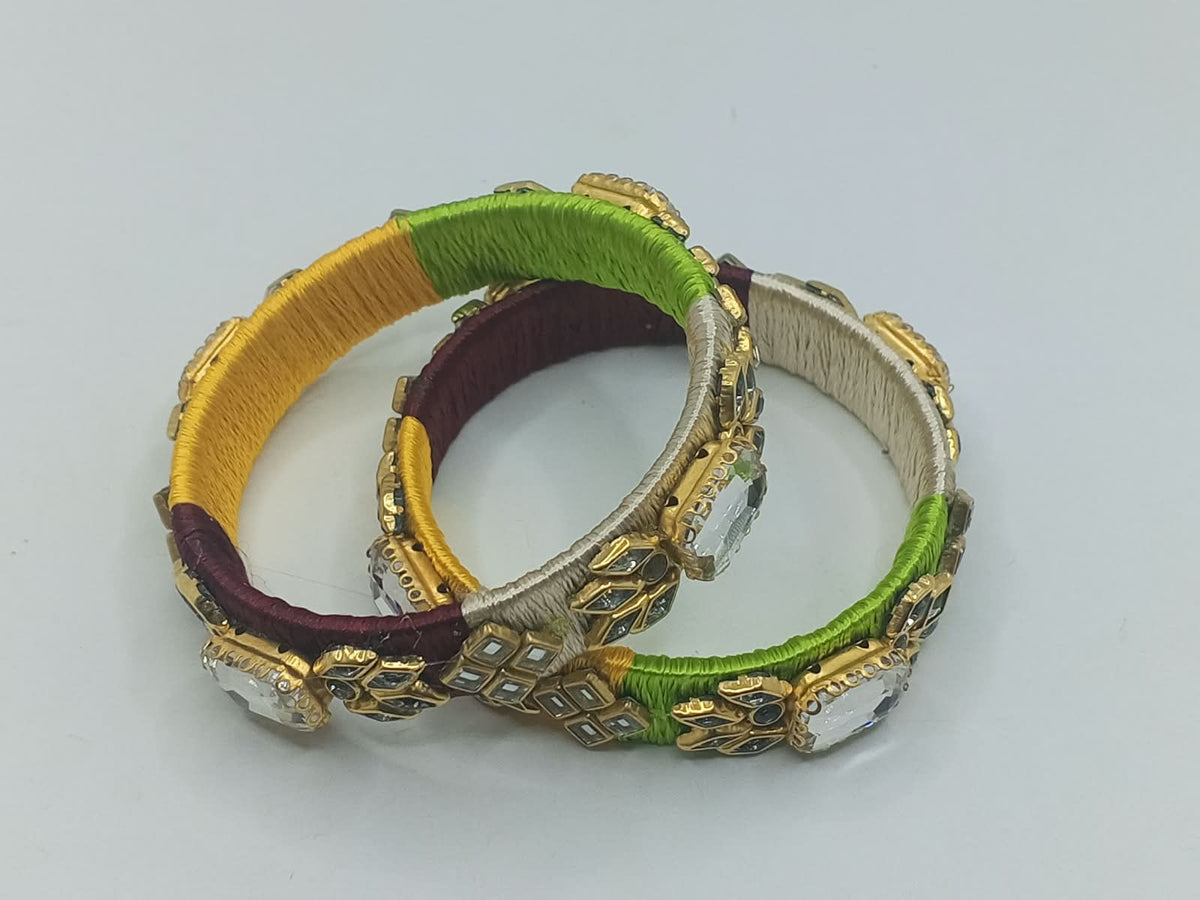 Handcrafted Multicolor Silk Thread Kara Set with Kundan & Stone Work (Set of 4) - photo 4