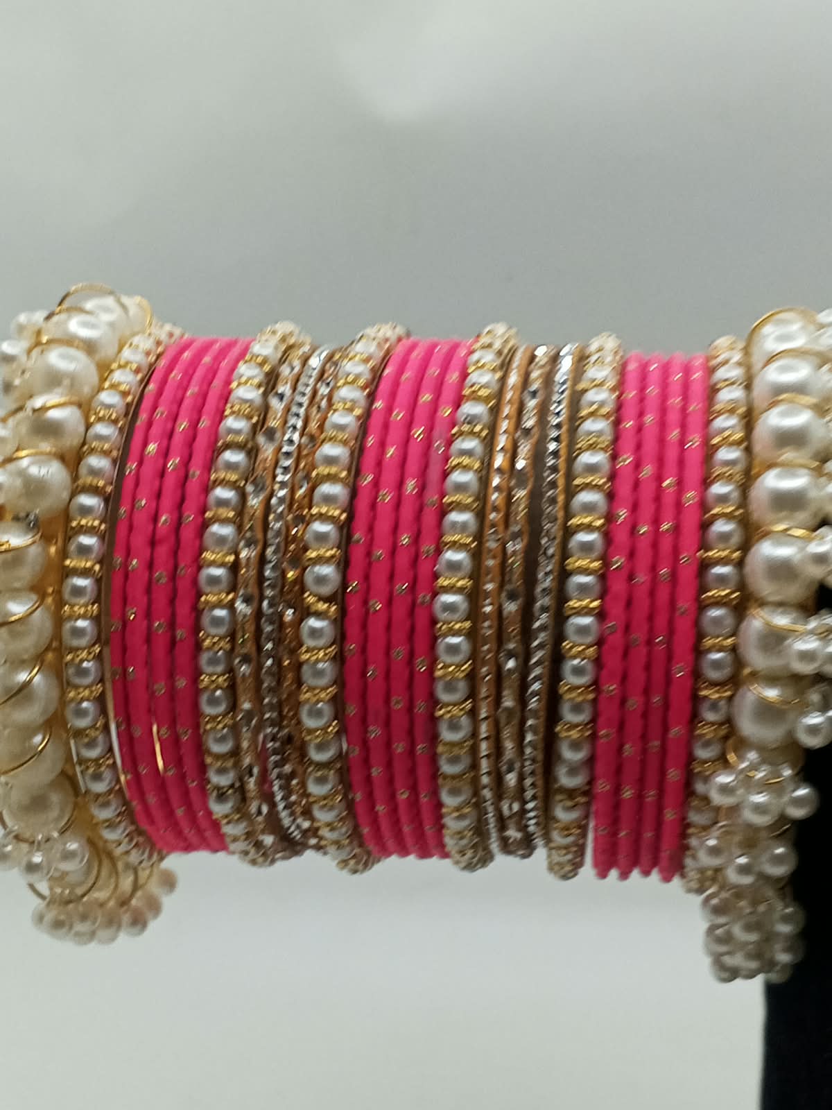 Handcrafted Pearl Gajra Karay Set with Metal Churian & Stone Separators - photo 2