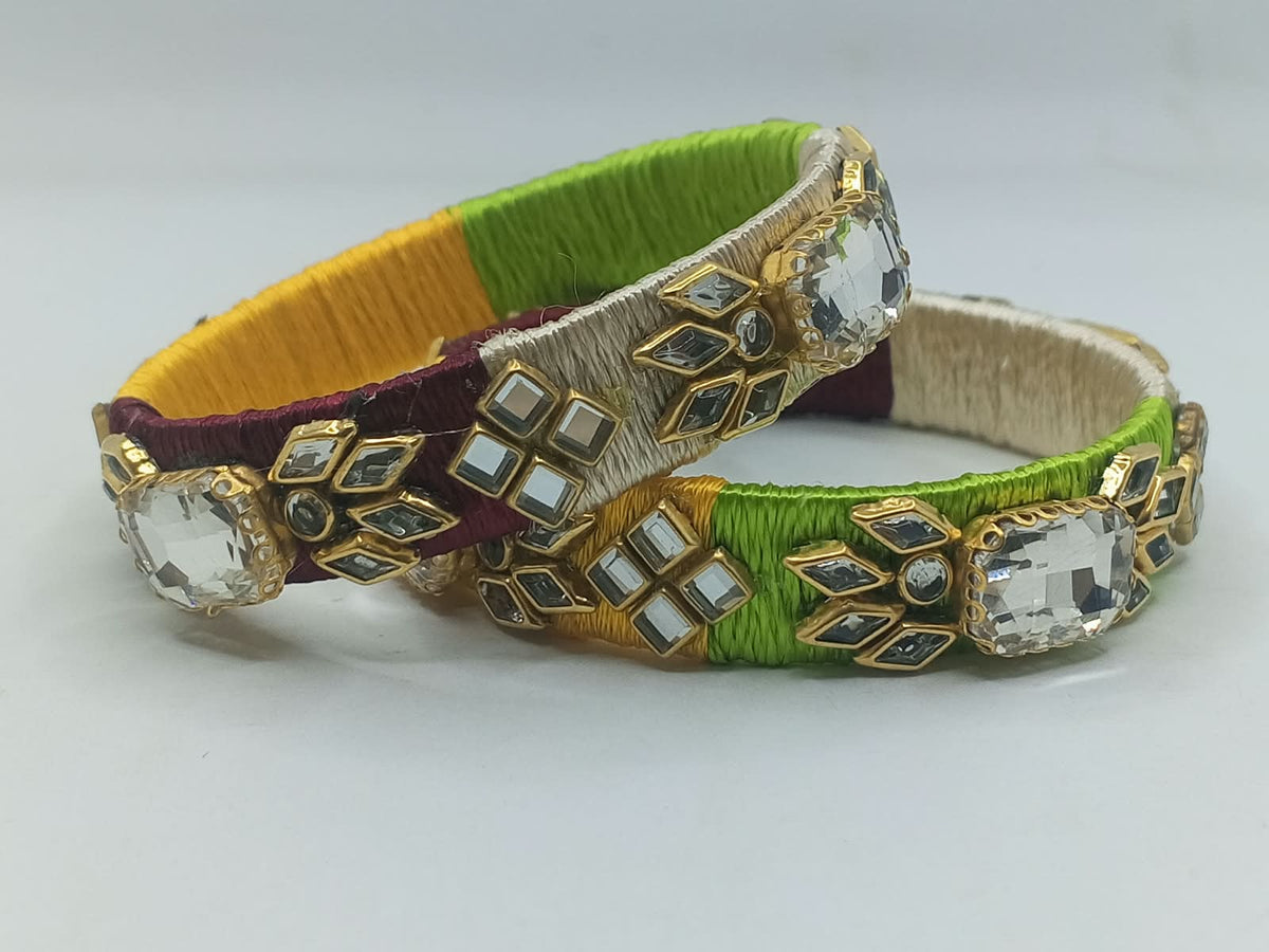 Handcrafted Multicolor Silk Thread Kara Set with Kundan & Stone Work (Set of 4) - photo 3