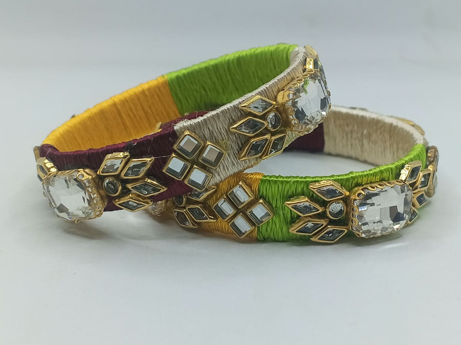Handcrafted Multicolor Silk Thread Kara Set with Kundan & Stone Work (Set of 4) - photo 3
