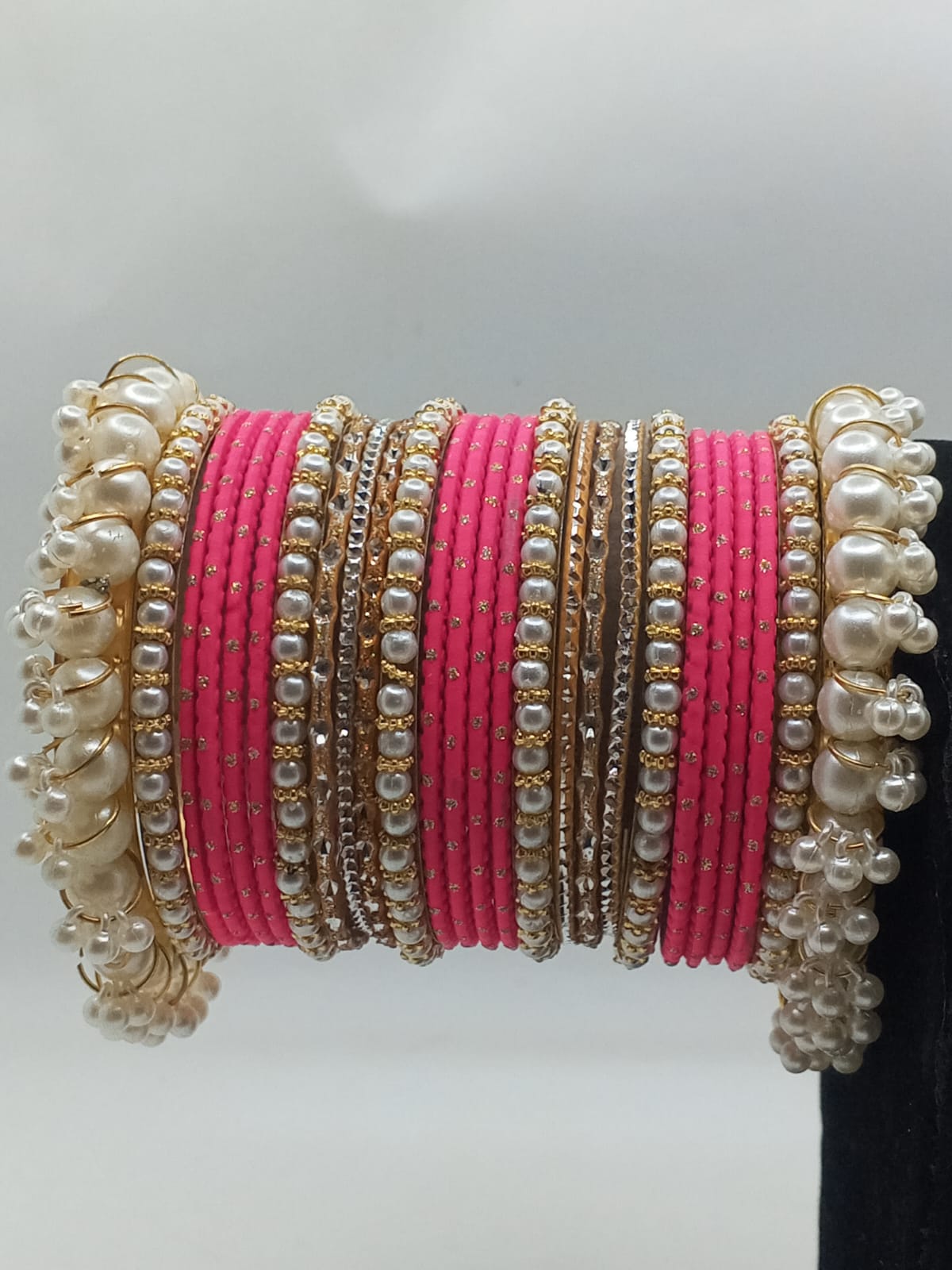 Handcrafted Pearl Gajra Karay Set with Metal Churian & Stone Separators - photo 6