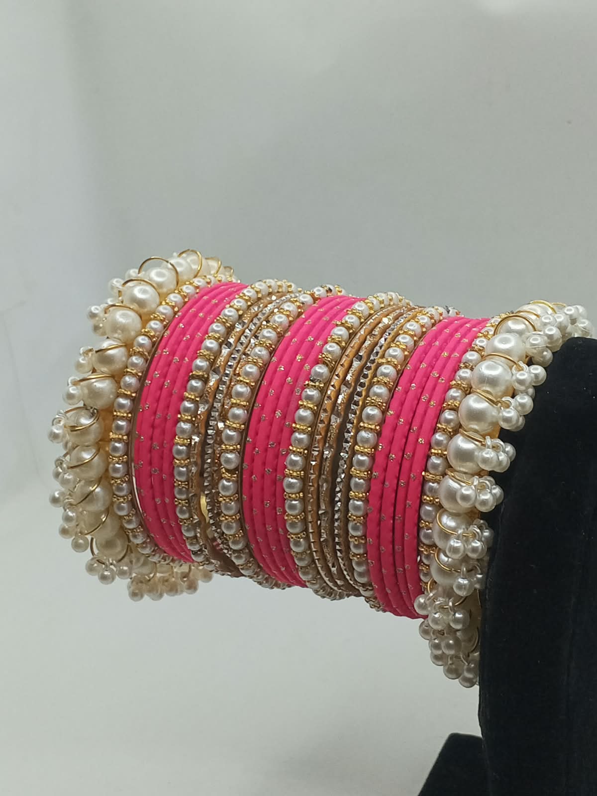 Handcrafted Pearl Gajra Karay Set with Metal Churian & Stone Separators - photo 7