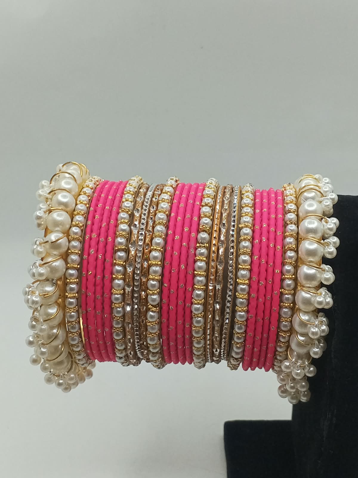 Handcrafted Pearl Gajra Karay Set with Metal Churian & Stone Separators - photo 8