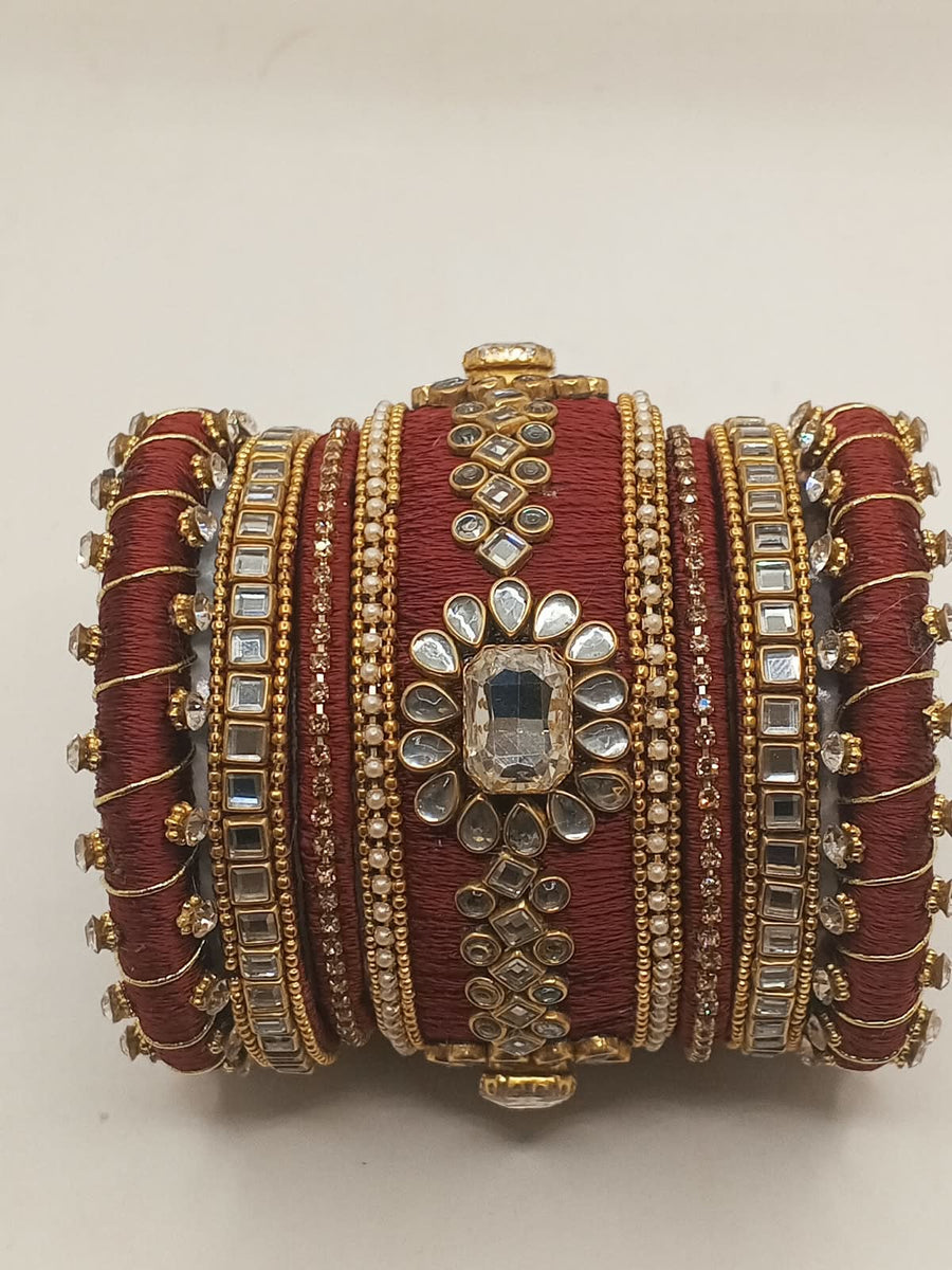 Handcrafted Silk Thread Bridal Kundan Kara & Bangle Set (7-Piece Set) - photo 5