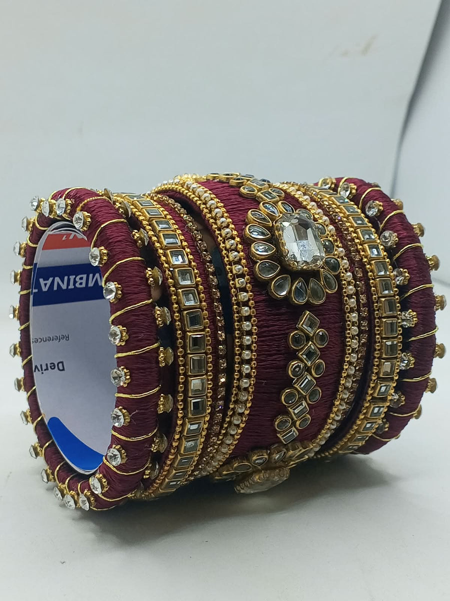 Handcrafted Silk Thread Bridal Kundan Kara & Bangle Set (7-Piece Set) - photo 2