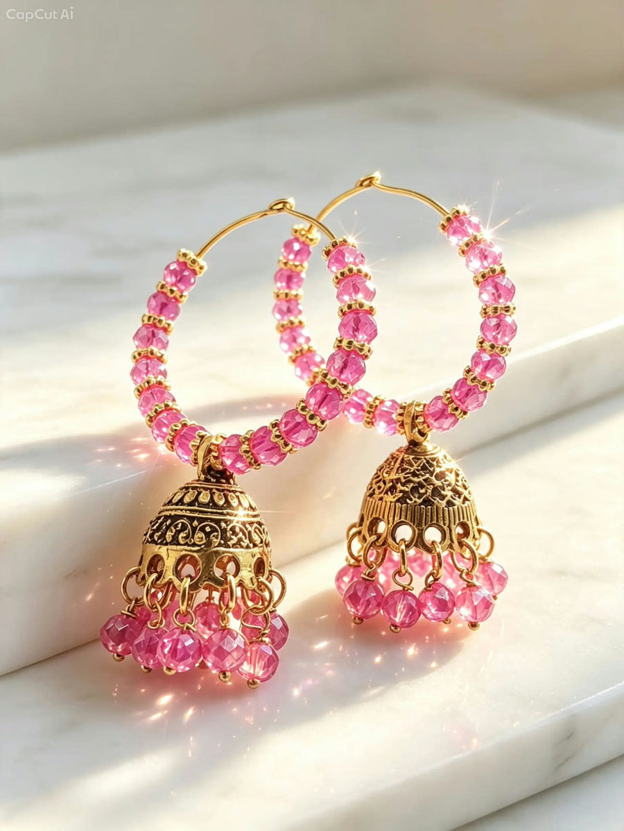 Handcrafted Beaded Hoop Jhumka Earrings – Traditional Crystal Drop Earrings - photo 3