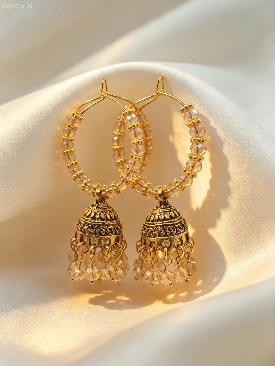 Handcrafted Beaded Hoop Jhumka Earrings – Traditional Crystal Drop Earrings - photo 4