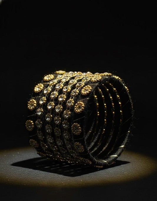 Black Velvet Bangles with Gold & Crystal Detailing – Set of 5