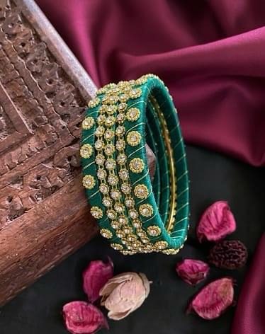 Emerald Crystal Chain Elegance Bangles – Set of 5