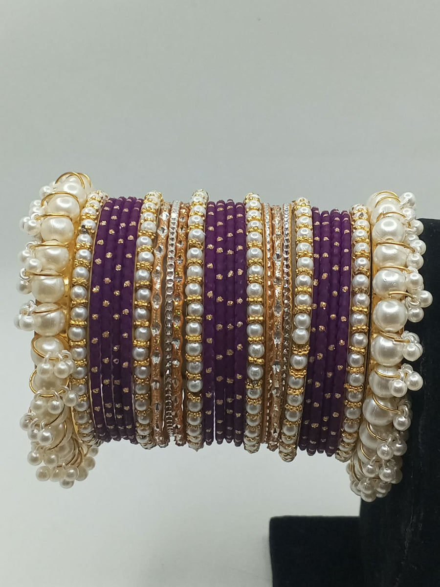 Handcrafted Pearl Gajra Karay Set with Metal Churian & Stone Separators - photo 4