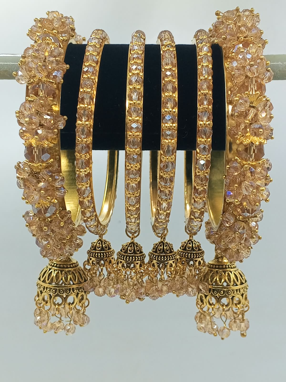 Bridal Crystal Jhumki Bangle Set – Antique Gold & Champagne - photo 3