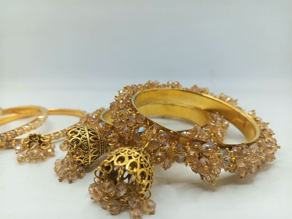 Bridal Crystal Jhumki Bangle Set – Antique Gold & Champagne - photo 7