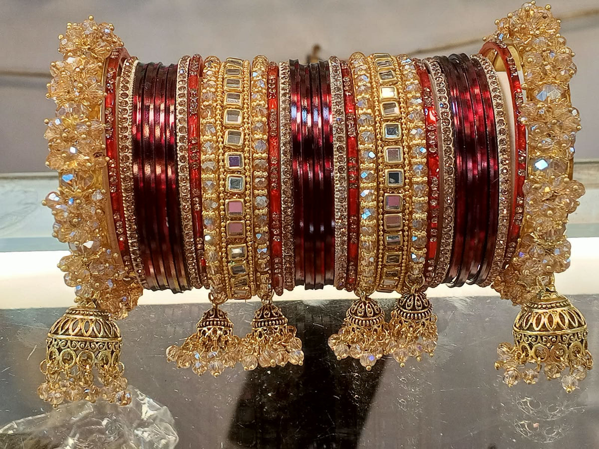 Bridal Crystal Jhumki Bangle Set – Antique Gold & Champagne - photo 8