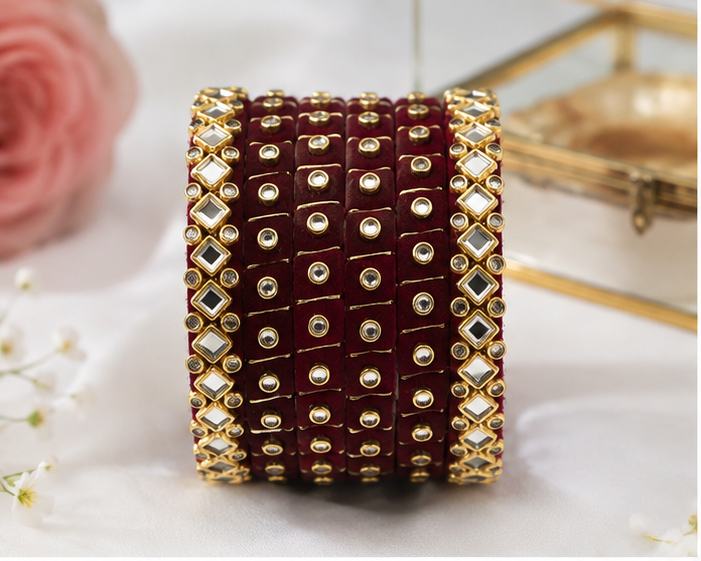 Maroon Kundan Mirror Bangles