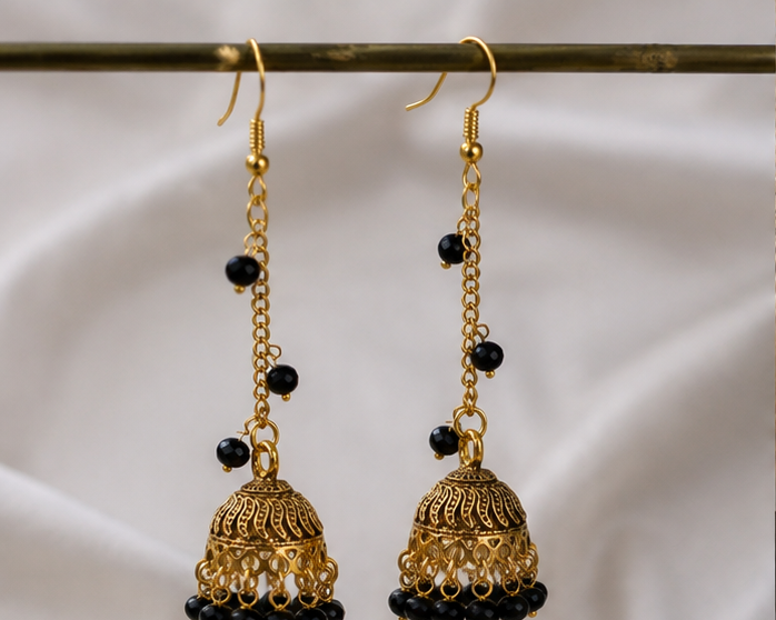 Jhumka Earrings — Black Onyx