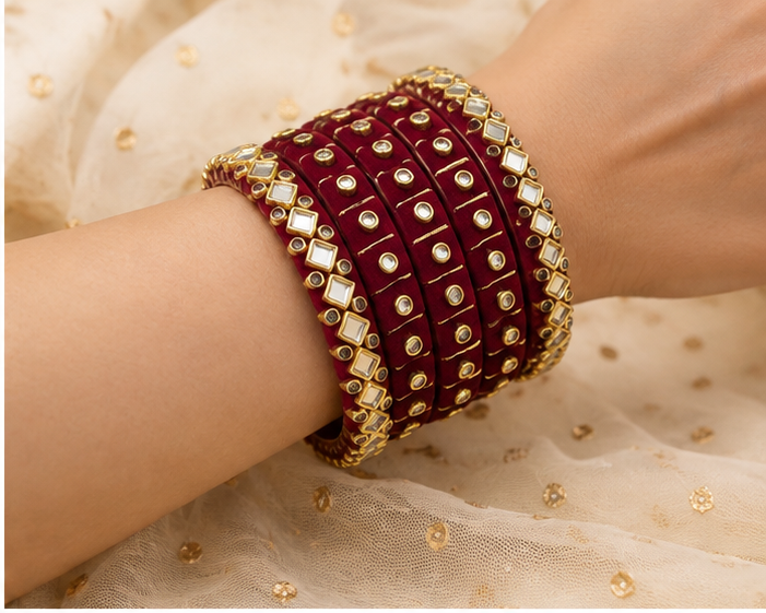 Maroon Kundan Mirror Bangles