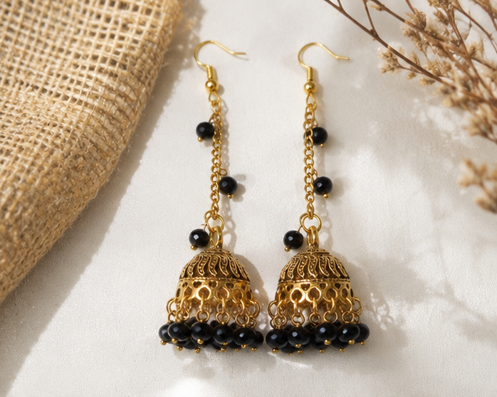 Jhumka Earrings — Black Onyx