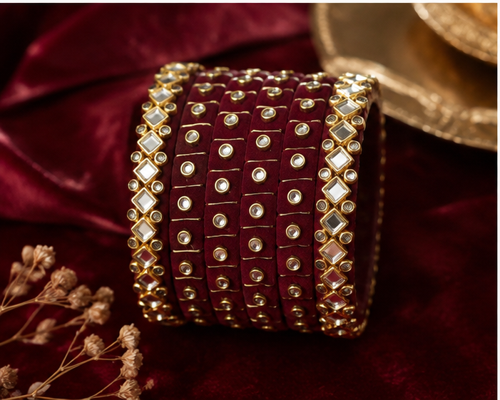 Maroon Kundan Mirror Bangles