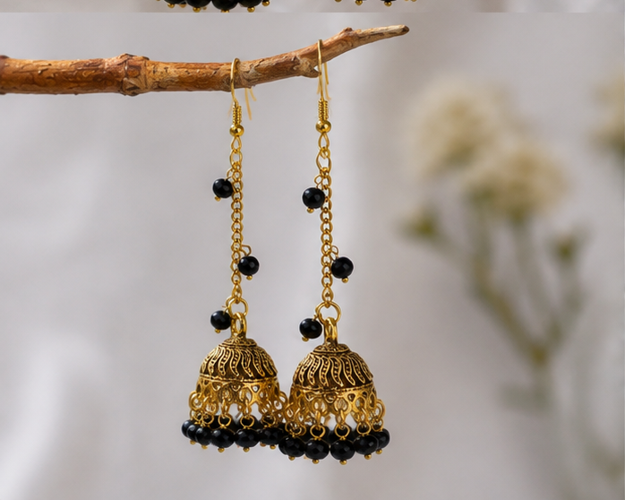 Jhumka Earrings — Black Onyx