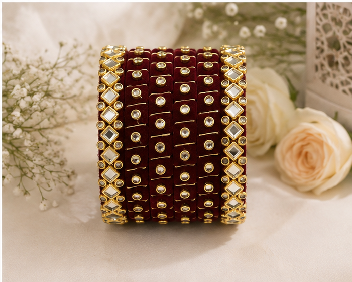 Maroon Kundan Mirror Bangles