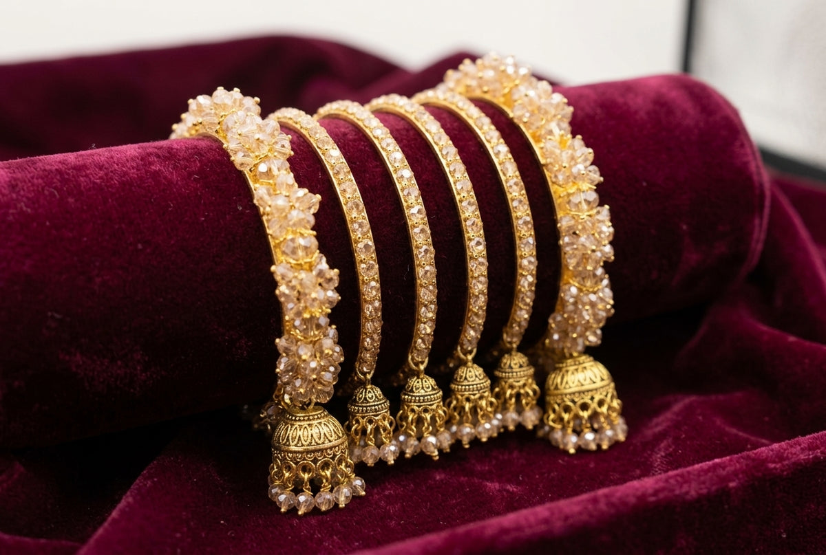Bridal Crystal Jhumki Bangle Set – Antique Gold & Champagne