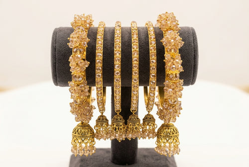 Bridal Crystal Jhumki Bangle Set – Antique Gold & Champagne